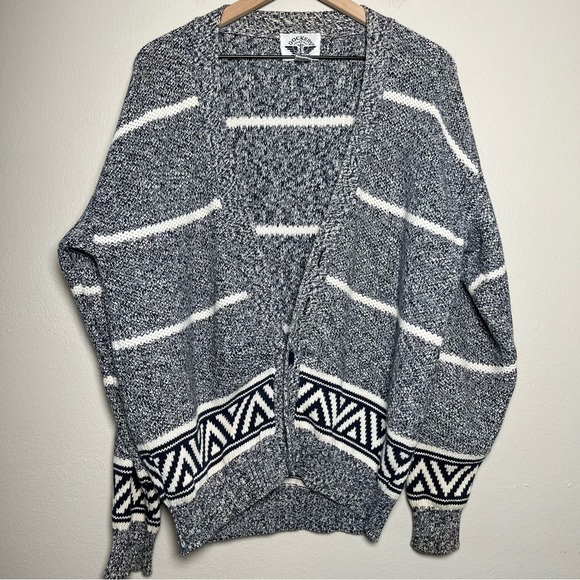 VTG Dockers Men Cardigan Sweater Large Preppy‎ Gray Stripe Southwestern Outdoor - Picture 1 of 8